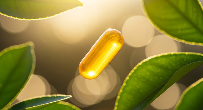 Golden Vitamin Supplement Capsule with Green Leaves.