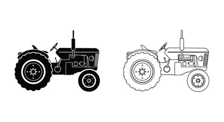 Two black and white line art depictions of a classic farm tractor © Tm Studio