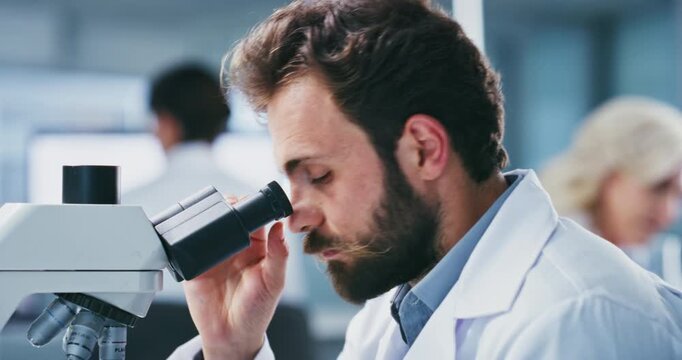 Scientist, microscope and man in lab to check sample for medical research, vaccine and study results. Healthcare, pharmaceutical and scientist with equipment for exam, clinical trial and development