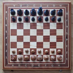 A top-down view shows a wooden chessboard with all pieces perfectly arranged in their starting positions. Concept of perfect beginning. © Helga P-A.