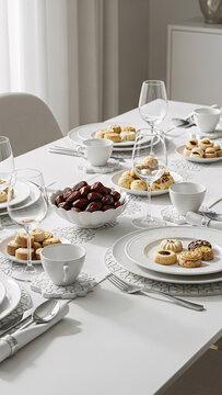 Elegant minimalist Eid dining table, white and cream color palette, ceramic plates with traditional cookies, bowl of dates, subtle Islamic geometric pattern decoration, clean modern home interior.