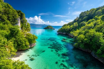 Fototapeta premium Serene Hidden Lagoon Surrounded by Dramatic Limestone Cliffs in Tropical Paradise