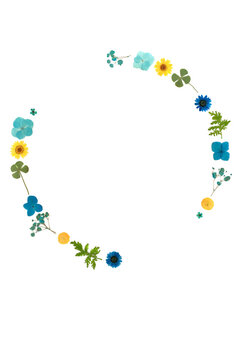 Dried flower leaf abstract art minimal wreath on white background. Decorative art garland design for greeting card, logo, invitation.