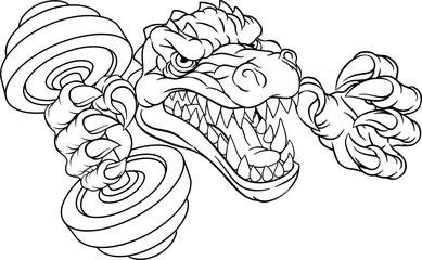 A crocodile, dinosaur or alligator lizard weight lifting trainer, exercise or body building gym cartoon sports mascot holding weights dumbbell © Christos Georghiou