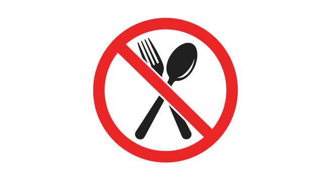 No food or eating allowed sign with crossed out fork and spoon.