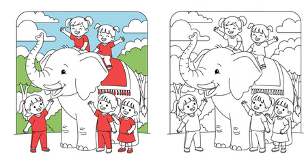 Fototapeta premium Happy cartoon children riding big white elephant and playing together, vector illustration