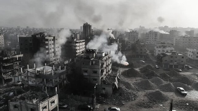 War devastated city with destroyed buildings and rising smoke, urban battlefield aftermath, humanitarian crisis, conflict damage and destruction in modern warfare disaster scenario
