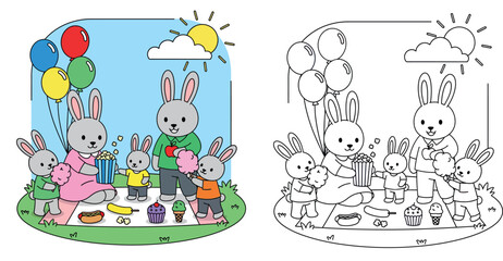 Obraz premium Cute cartoon rabbit family having picnic in summer park, happy bunny parents and kids eating popcorn and cotton