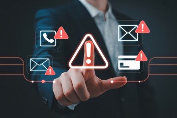 Businessman touching digital alert notification warning symbols