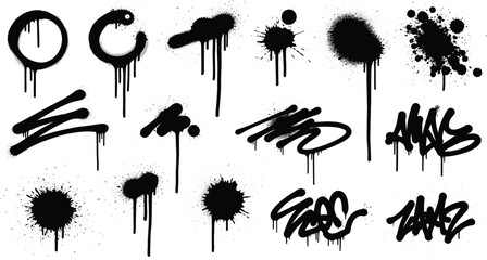 Black graffiti spray paint drip and splatter vector set with urban street art tags, ink blots, and liquid drips. © Mominul