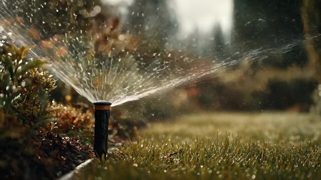 Water dances gracefully over a lush garden as the sun sparkles through droplets on a warm afternoon