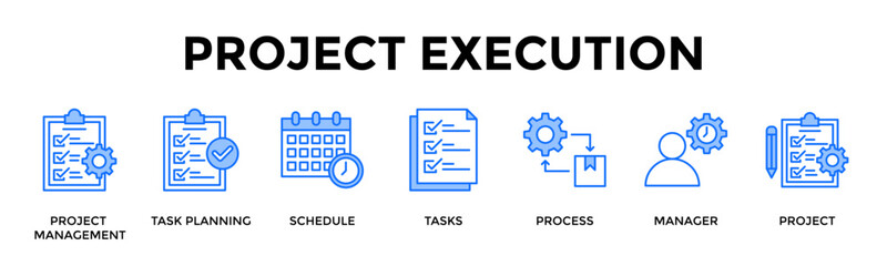 Fototapeta premium Project Execution Icon Set Collection Pack Banner Web Vector Illustration Concept Containing Coordinate Tasks And Teams For Structured Project Delivery