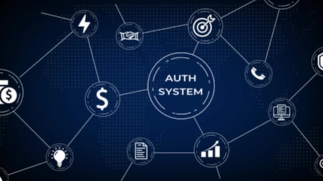Digital network schematic representing an authentication system with connected for security, finance, and data on a dark blue background Keywords: network, diagram, auth, system, digital