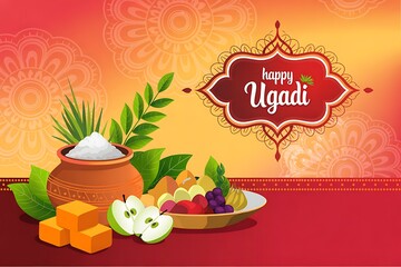 Happy ugadi festival celebration with traditional indian food and decoration