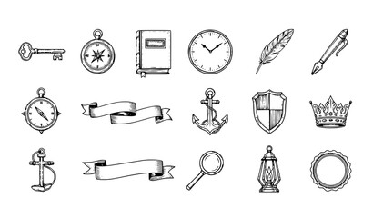 Fototapeta premium A collection of vintage nautical and office icons in a minimalist line art style