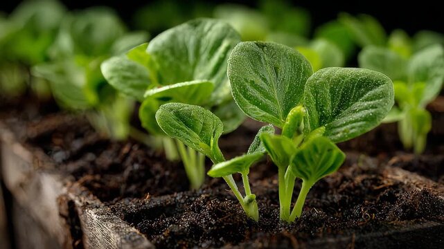Growing healthy seedlings in rich soil at sunrise in a vibrant indoor garden setting, showcasing nature's beauty and the joy of nurturing plants