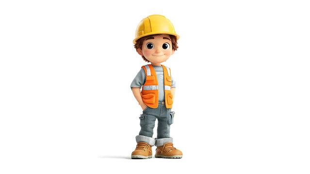 Young boy wearing construction safety gear standing.