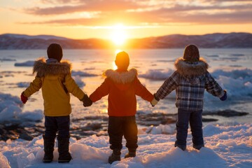 Fototapeta premium Children Observing a Sunset Over the Frozen Shoreline in the Arctic Wilderness