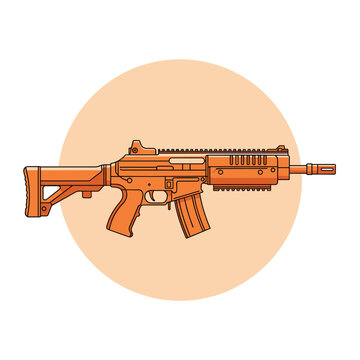 Detailed illustration of a modern assault rifle colored in a vibrant orange and tan palette set against a soft circular background element.