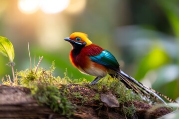 Obraz premium Vibrant Bird of Paradise Displaying Colorful Plumage on Lush Green Moss
