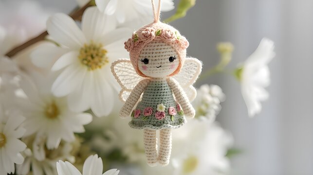 Handmade Amigurumi Flower Fairy Crochet Doll Ornament with Floral Crown and Lace Wings