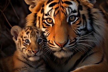 Fototapeta premium Tiger mother and her cub expressing affection and family bonding in nature