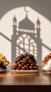 photograph of Eid al-Fitr food display, dates, nastar, kastengel, putri salju arranged neatly on a wooden table, soft white and beige theme, silhouette of mosque window pattern 