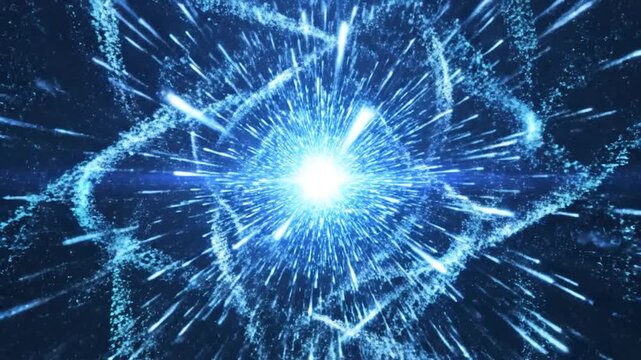 Bright blue light particles explode outwards on a dark background