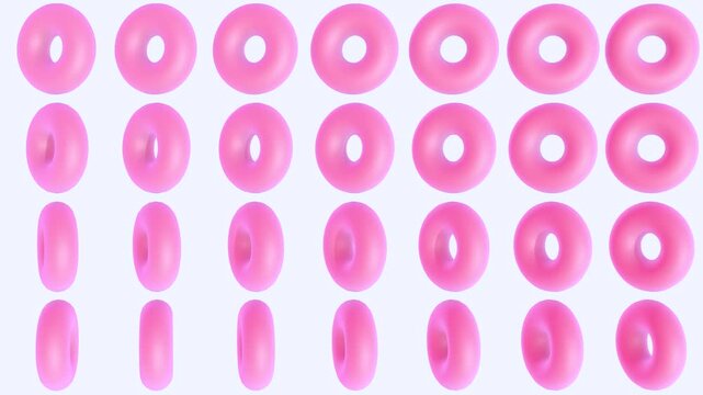 Animated background of pink donut shapes moving on a white background, playful 3D pattern perfect for sweet themes, bakery visuals, pop art design and creative motion graphics