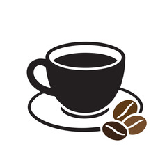 Obraz premium A simple vector icon of a cup of coffee with several coffee beans placed beside it in a clean minimalist style.