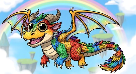 Obraz premium Vibrant Rainbow Dragon Soaring Across Blue Sky.