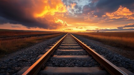 Obraz premium A captivating sunset illuminates the horizon, casting vibrant colors over railway tracks