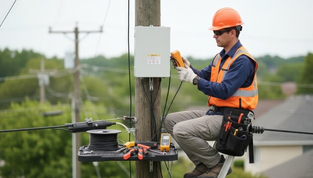 Technician performing signal testing on an HFC node mounted on a utility pole with a clear view of tools and equipment blurred environment.