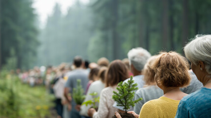 Large diverse group of faceless volunteers of all ages gathered at a forest edge holding saplings, preparing to plant, defocused misty forest behind, World Environment Day, forest conservation,