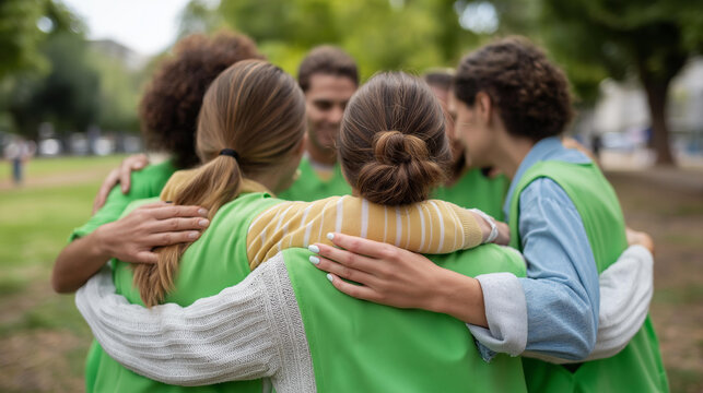 Faceless volunteers in matching vests hugging and supporting each other in a circle at an outdoor park charity event, defocused green park and clean surroundings behind, NGO community, volunteer