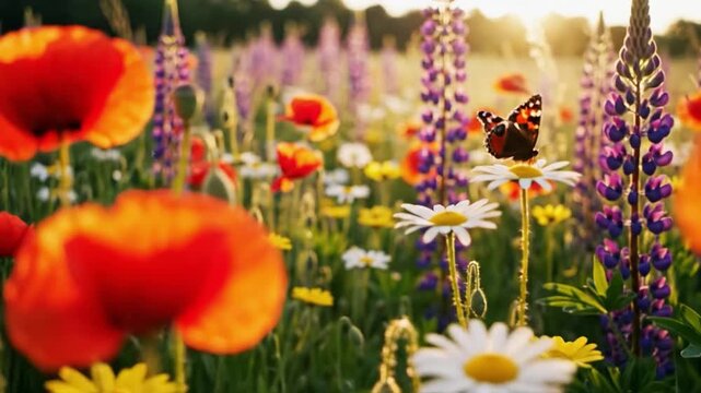 Wildflower meadow bursting with vibrant poppy, daisy, lupine, and butterfly summer sunlight, colorful blooming field nature�s green outdoor landscape, floral petal beauty and pollinator environment