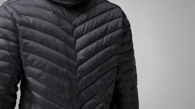 Detailed view of chevron quilted puffer jacket emphasizing angled baffle patterns designed for modern style and efficient heat retention in chilly conditions.