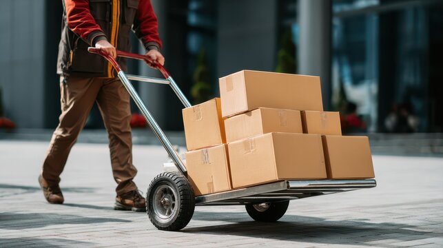 A man in work clothes pushing a hand truck loaded with several cardboard boxes across an outdoor urban area, likely for delivery or logistics purposes.
