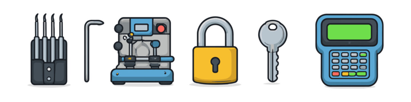 Collection of locksmith tools and security devices including a key cutting machine and lock pick set