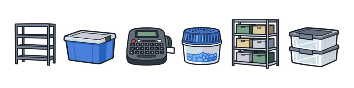 Collection of home organization and storage items including shelves and containers