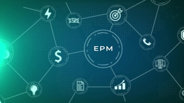 Enterprise Performance Management EPM concept visualized with a network of for finance, strategy, data, and communication on a dark blue digital interface with green lighting