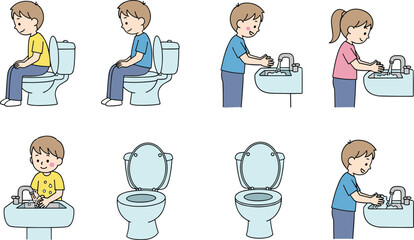 Kids hygiene routine set featuring toilet use and hand washing isolated on white background bathroom vector illustration collection