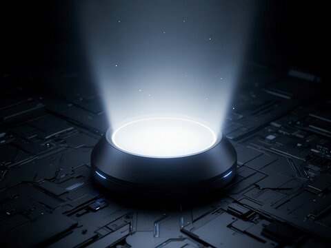 Perspective view of a futuristic dark cybernetic teleportation pad emitting a bright glowing light beam with floating dust particles, sci-fi matter materialization concept