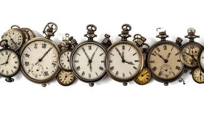 Close-up of various vintage pocket watches against a white background