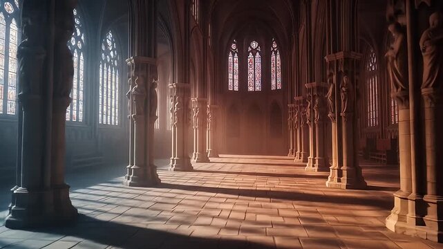 Elegant interior shot of a grand cathedral, showcasing architecture and stained-glass windows