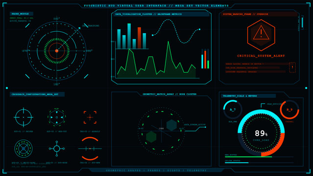 Futuristic head-up display interface with digital data visualization charts radar modules and telemetry dashboard elements