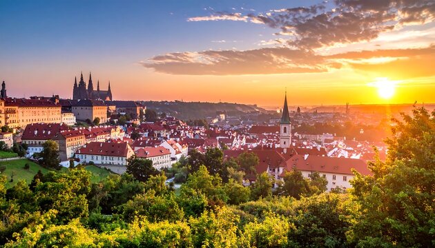 European city panorama at sunset. Red-roofed buildings cluster under a hill topped with a grand castle, lit by golden sun