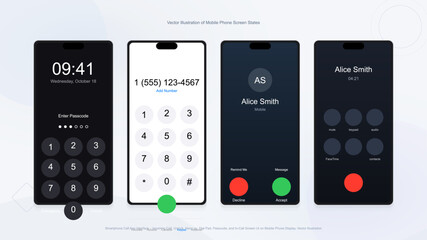 Smartphone mobile application user interface showing lock screen passcode dial pad incoming call and active call screens with minimalist © AVRIX