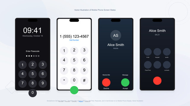 Smartphone mobile application user interface showing lock screen passcode dial pad incoming call and active call screens with minimalist