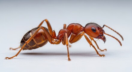 A close-up photograph of an ant standing on a white surface